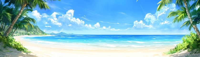 Obraz premium Tropical Beach Landscape with Palm Trees and Blue Sky