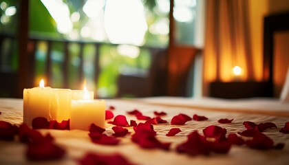Romantic hotel suite with rose petals on the bed, soft candles, and a balcony view