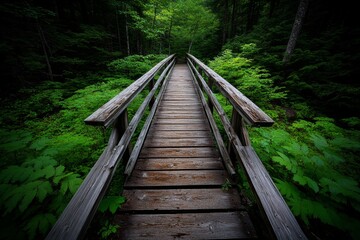 Obraz premium An abandoned wooden bridge in a dense forest, its planks rotting and railings leaning, yet still standing strong amidst the overgrowth, evoking a sense of quiet resilience