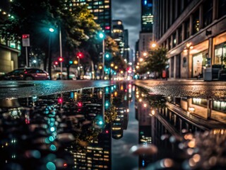 Puddle Reflection of City Lights on a Rainy Evening - Urban Nightscape Photography