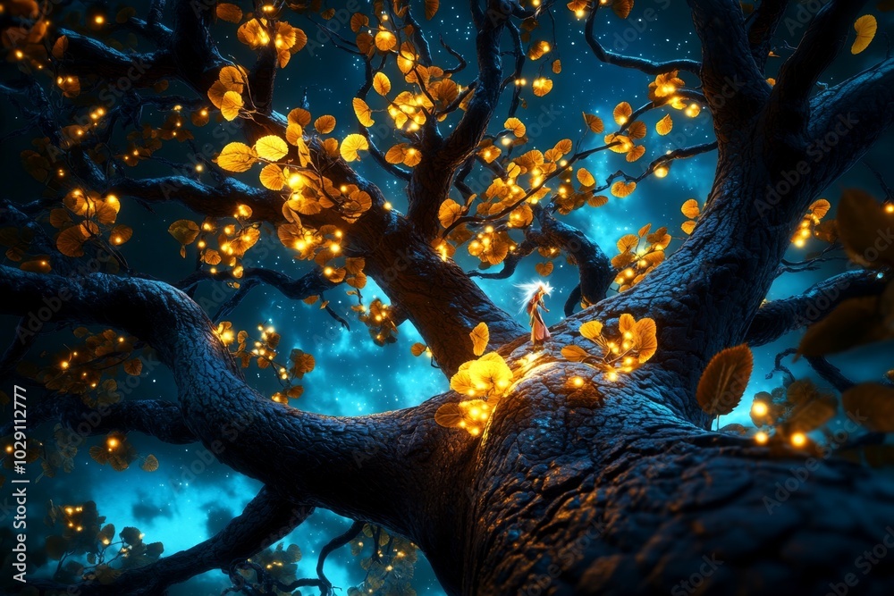 Poster an ancient european forest where the trees glow softly at night, their leaves shimmering with a magi