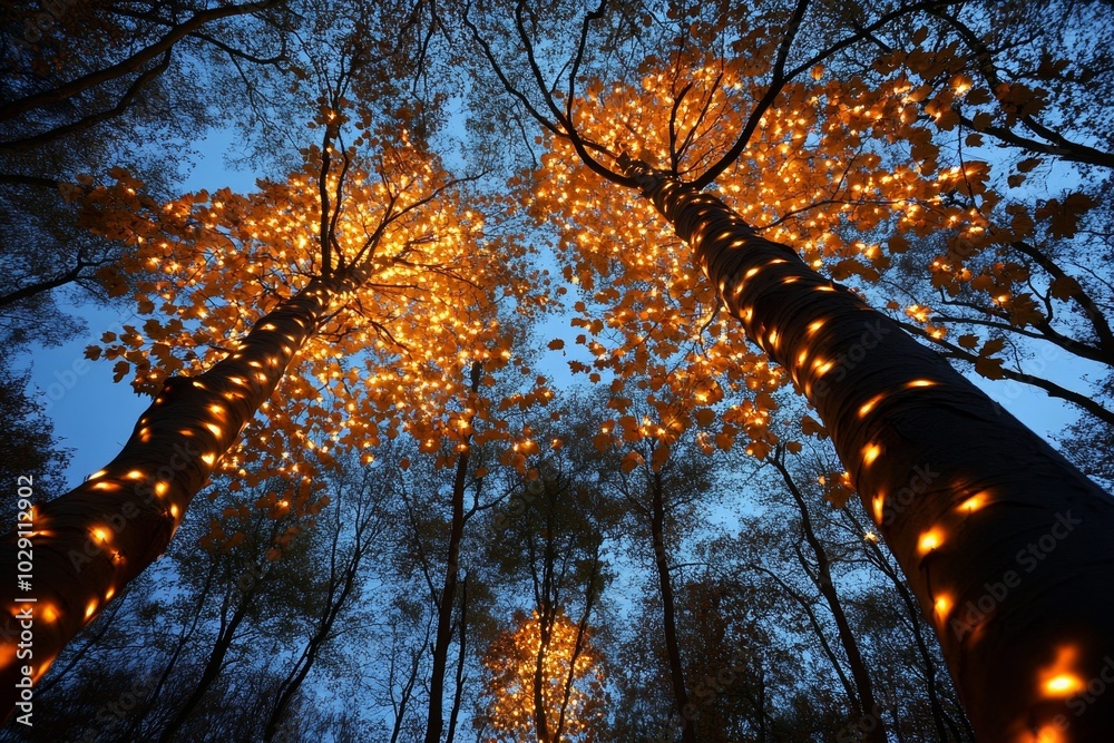 Poster an ancient european forest where the trees glow softly at night, their leaves shimmering with a magi
