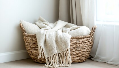 Fototapeta premium A cozy corner with a woven basket filled with throw blankets and pillows in soft textures