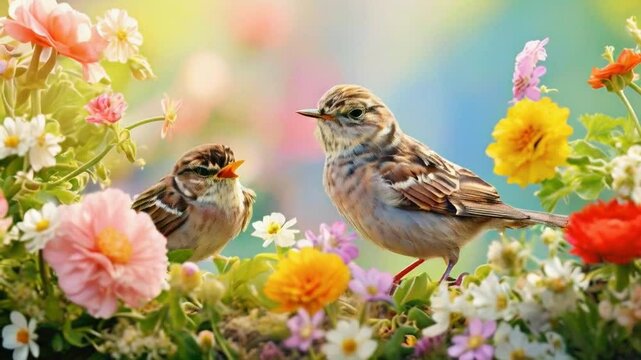 Two sparrows among colorful flowers in a serene, vibrant setting.
