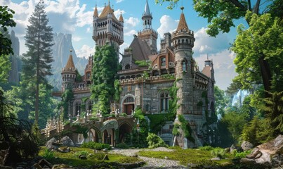 Majestic castle surrounded by lush greenery, 4K hyperrealistic photo.