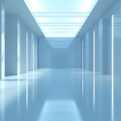 A sleek, modern hallway with bright lighting and reflective surfaces.