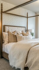A luxurious master bedroom with a fourposter bed, soft linens, and an accent wall with textured wallpaper