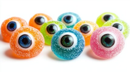Fototapeta premium Eyeball-shaped Halloween gummies in bright colors, creepy and fun, isolated on white background