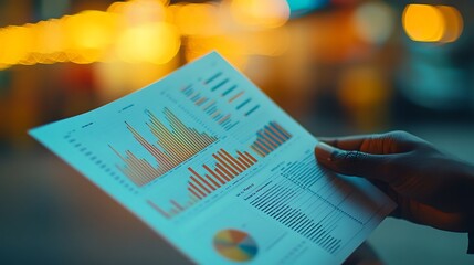 Close-up of fingers holding a report at the edge, data charts in clear focus, soft natural light casting smooth shadows across the paper and desk,