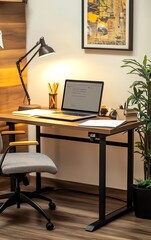 Fototapeta premium A small and compact office setup with a desk lamp, laptop, notebooks, and a comfortable office chair