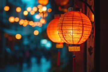 Chinese lanterns illuminate the streets at night, Chinese New Year