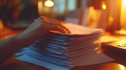 Close-up of fingers stacking neatly organized contracts on a polished office desk, papers slightly fanned out, warm desk lighting creating soft shadows, professional and clean workspace aesthetic.