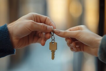 Real Estate Agent Handing Key to New Homeowner After Signing Contract