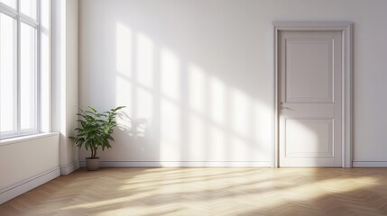 A serene room with a potted plant, wooden floor, and door. Sunlight streams through large windows.