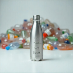 A stainless steel reusable bottle with the words "Less Plastic. More Planet," standing in front of a pile of discarded plastic bottles.