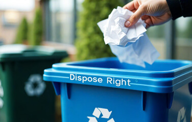 A blue recycling bin labeled "Dispose Right," with a hand placing crumpled paper into it, another green bin visible in the background.