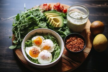 Close up of a protein breakfast in kitchen