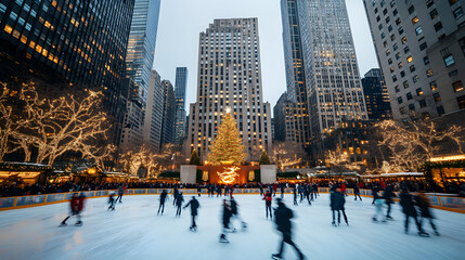Fototapeta premium A bustling holiday ice skating rink in the center of the city surrounded by Christmas lights and skyscrapers.