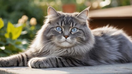 Blue siberian cat lying outside in the garden