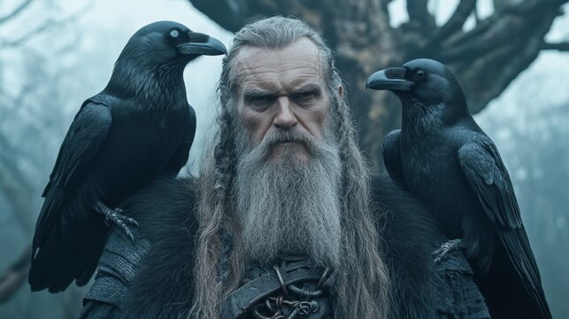 A Scandinavian god Odin with two ravens perched on his shoulders stands in a misty forest, AI