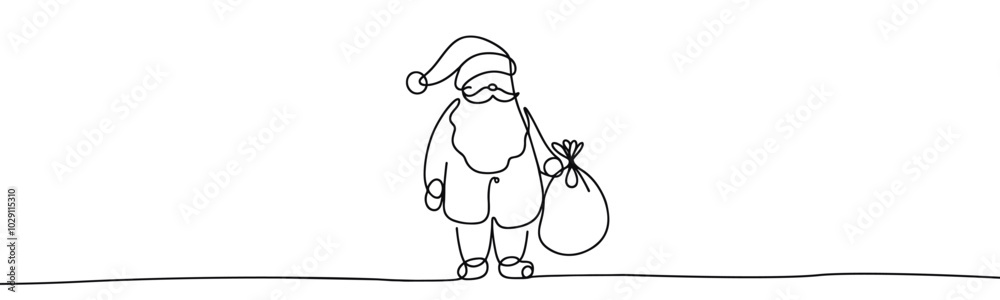 Wall mural Single drawing with continuous line on white background. Santa Claus with sack of presents on minimalistic background	