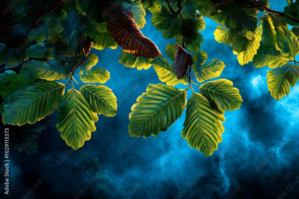 Poster detailed shot of a mist-covered european forest at dawn, with soft light filtering through the trees