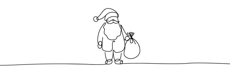 Single drawing with continuous line on white background. Santa Claus with sack of presents on minimalistic background	