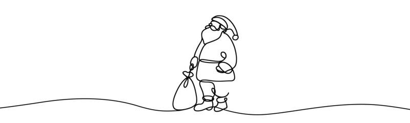 Single drawing with continuous line on white background. Santa Claus with sack of presents on minimalistic background	