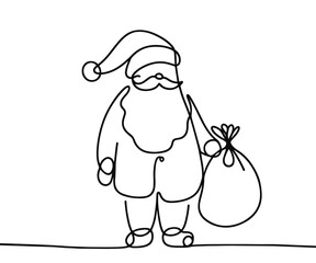 Single drawing with continuous line on white background. Santa Claus with sack of presents on minimalistic background	