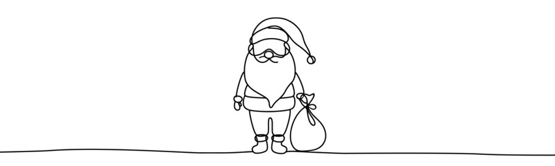 Single drawing with continuous line on white background. Santa Claus with sack of presents on minimalistic background	