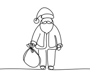 Single drawing with continuous line on white background. Santa Claus with sack of presents on minimalistic background	