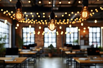 Obraz premium Blurred background of modern office interior with beautiful lighting.