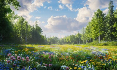 Forest clearing with wildflowers under a summer sky, 4K hyperrealistic photo