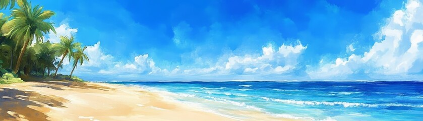 Fototapeta premium Tropical Beach Paradise with Palm Trees and Blue Ocean