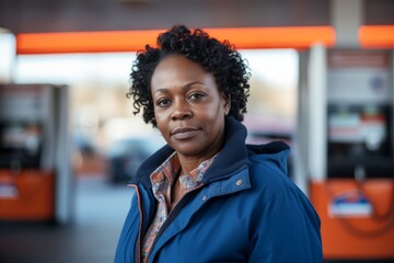 Portrait of a middle aged African American female worker at gas station