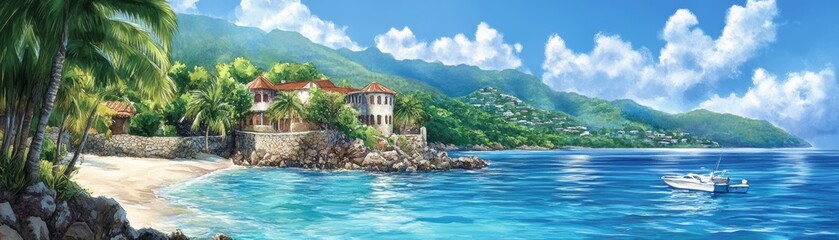 Obraz premium Tropical Beach Paradise with Palm Trees Villa and Boat