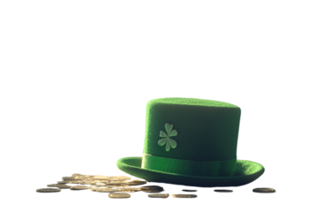 Green hat with coins and shamrocks, on a plain white background. PNG transparent.