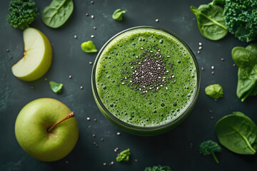 Refreshing green smoothie made with spinach, kale, apple, and chia seeds, perfect for a healthy lifestyle and nutritious energy boost.