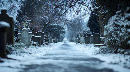 An icy path in a quiet cemetery with gravestones barely visible through the snow and frost.