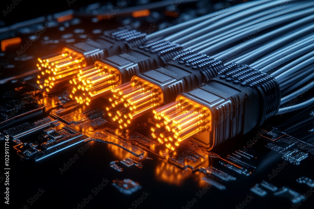 Poster hyper-realistic close-up of fiber optic cables, with the glowing light strands in vivid detail, show