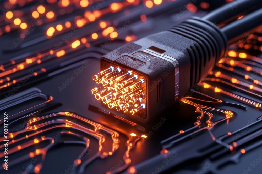 Poster hyper-realistic close-up of fiber optic cables, with the glowing light strands in vivid detail, show