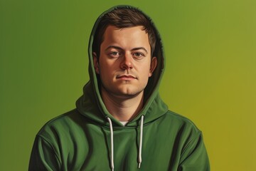 Fototapeta premium Portrait of a glad man in his 20s wearing a zip-up fleece hoodie on soft green background