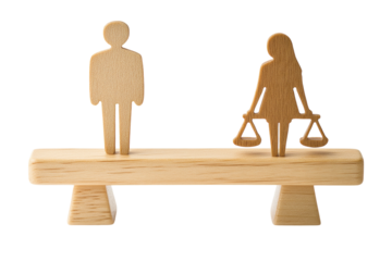 Male and female figurines standing on a balance scale, on a plain white background. PNG transparent.