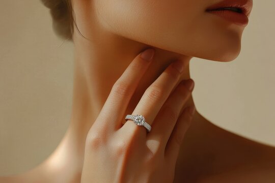 beautiful female hand with a ring of diamonds touches her face on a beige background