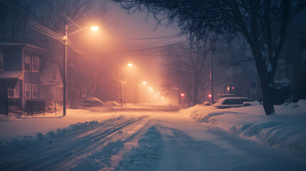An urban street after a snowstorm where slush and ice mix with the faint glow of streetlights.