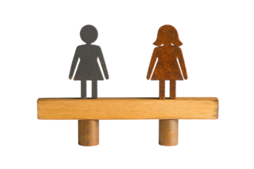Male and female gender symbols balanced on a wooden plank, on a plain white background. PNG transparent.