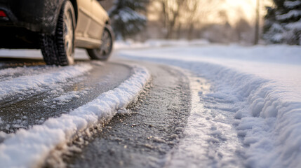 A car skidding slightly on an icy curve in the road with the tires leaving marks on the frozen surface.