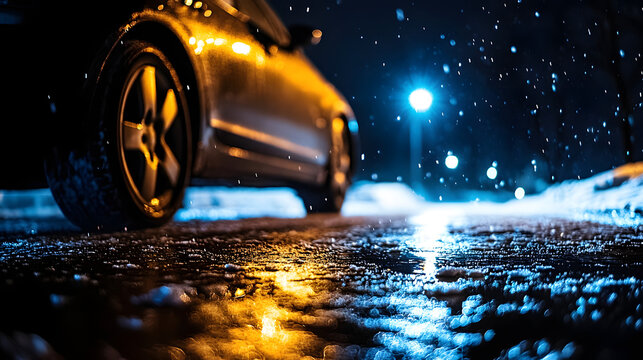 A car driving cautiously down an icy road at night with its headlights illuminating the slippery surface.