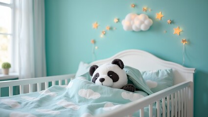 Adorable panda plushie under cloud blanket in serene nursery setting