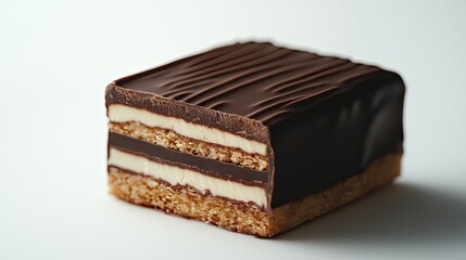 Obraz premium A broken chocolate wafer block, showing its layers of wafer and rich chocolate filling, on white.